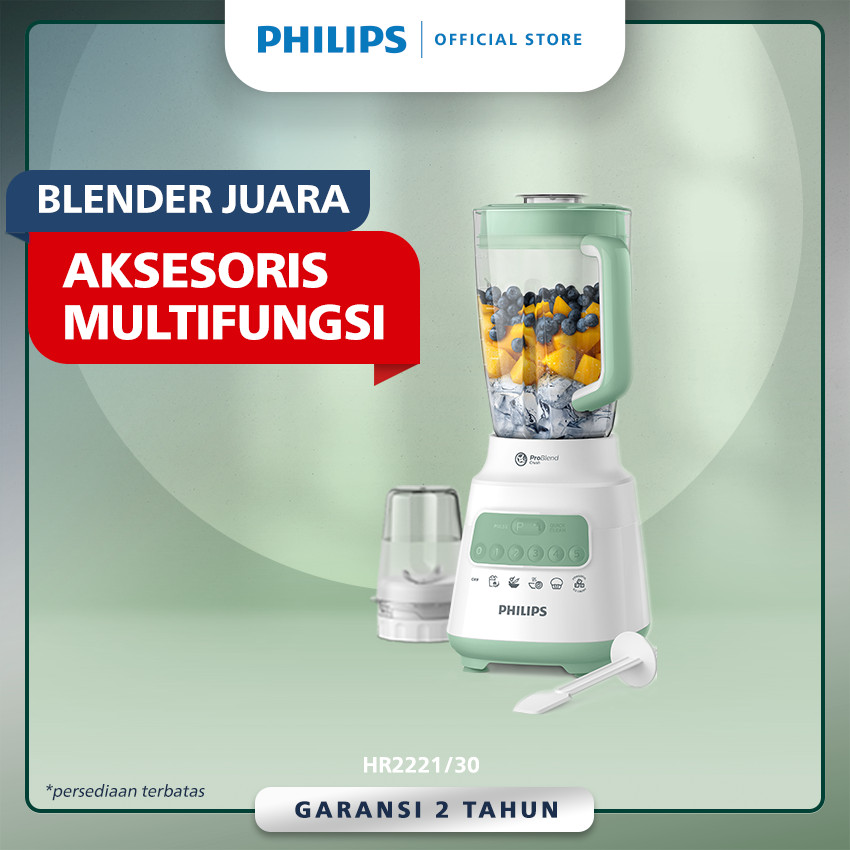 Philips Blender 5000 Series HR2221/30- Jar Plastik 2 L - Aksesoris Multifungsi -Dry Mill- Problend Crush Technology - Mudah dibersihkan - Dessert Green