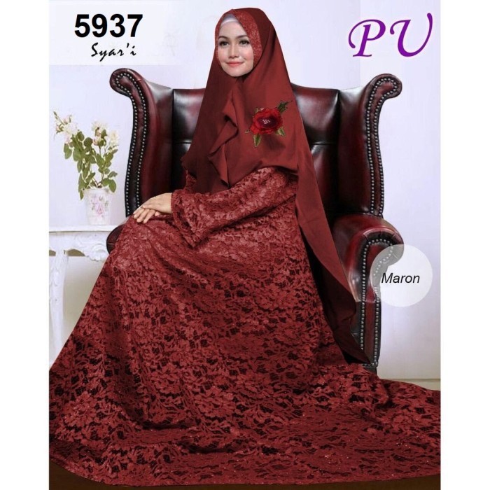 PROMO 7115 gamis syari maroon satin velvet brukat khimar busui sleting depan