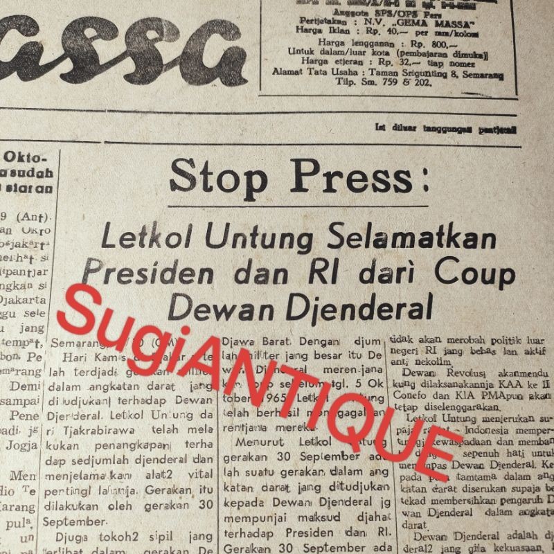 Koran PKl edisi 1 Oktober 1965 terakhir terbit Surat Kabar GEMA MASSA HARIAN RAKYAT koran sejarah Ge