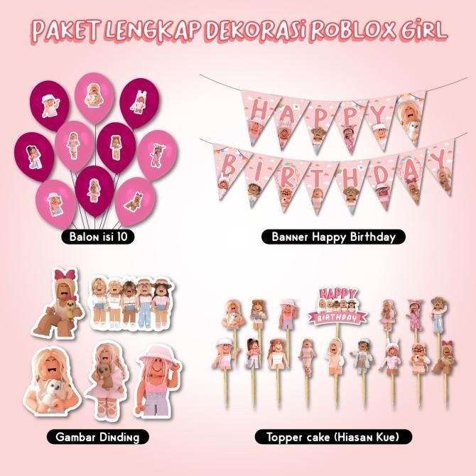 DEKORASI ULTAH ROBLOX GIRL CEWE HBD HAPPY BIRTHDAY HIASAN BANNER BALON