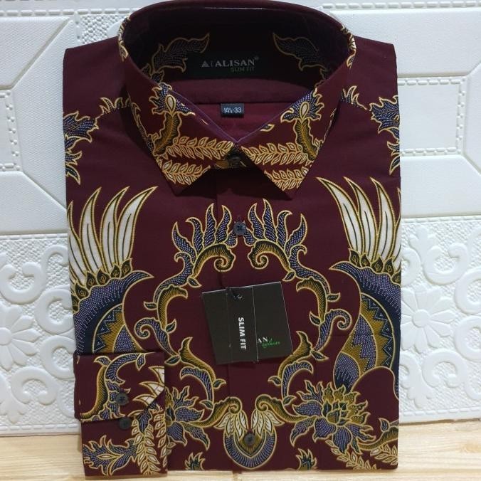 New Kemeja Alisan Batik Slimfit Merah Marun Tangan Panjang Size 14.5 Terbaik