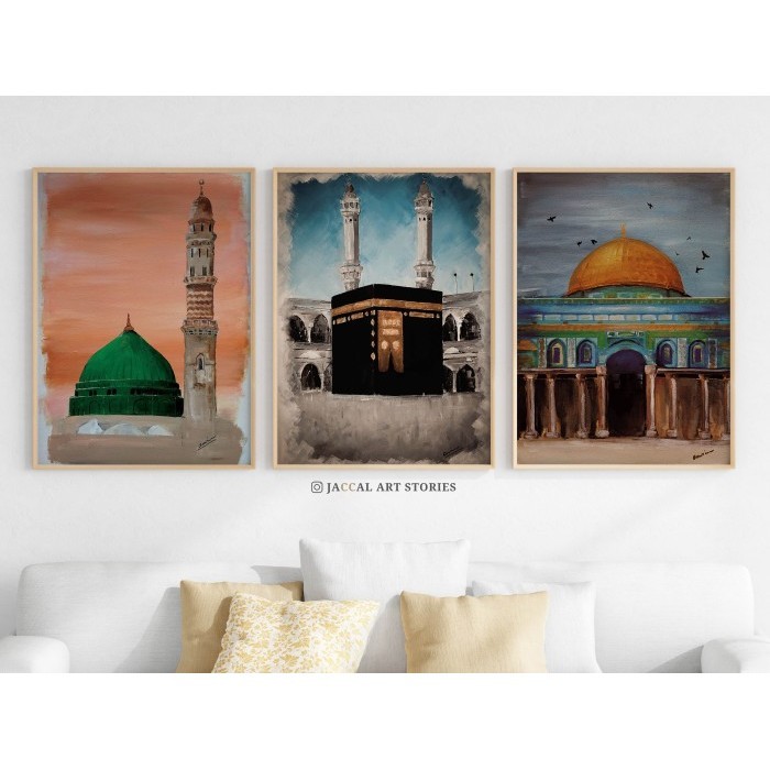 LUKISAN 3 MASJID - KABAH, DOME OF THE ROCK MASJID AL AQSA DAN NABAWI