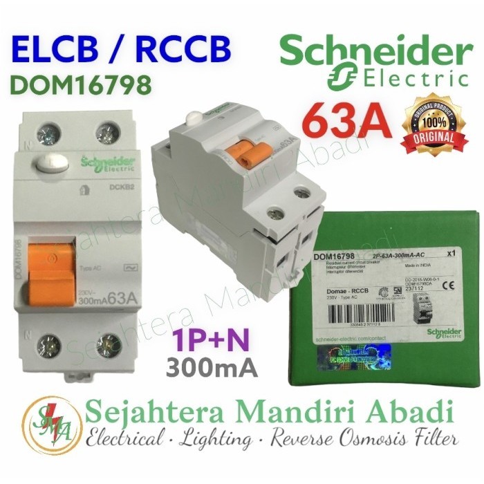 RCCB SCHNEIDER 63A 300MA 2P (1P+N) ELCB DOMAE DOM16798
