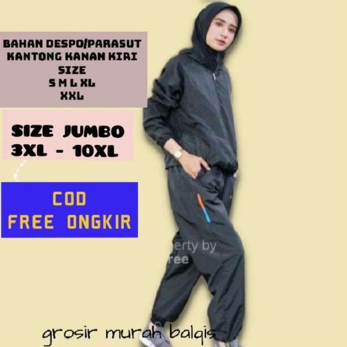 Hot - Big SIZE JUMBO Celana Training Panjang Wanita Olahraga Lari Parasut - Navy, L ~