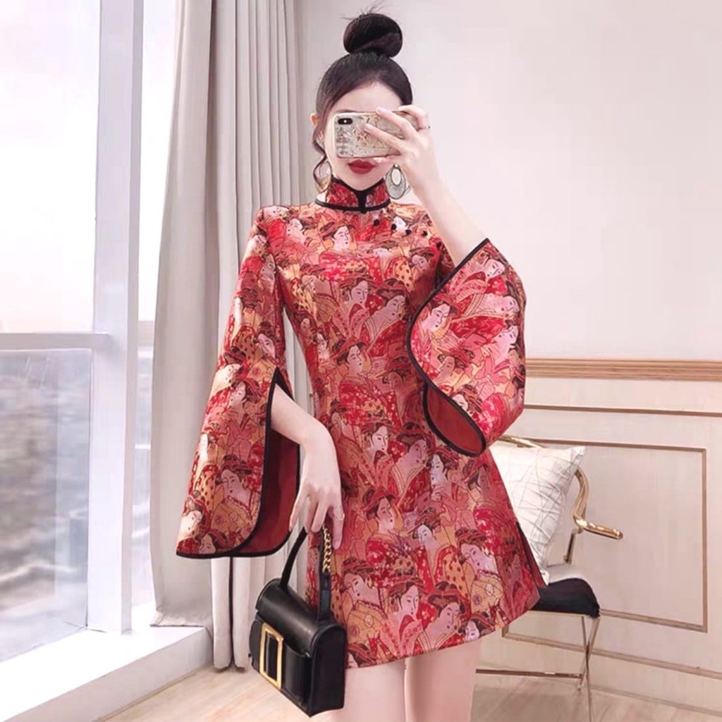 Dres Chongsam Wanita Dewasa Imlek Cantik 2023 Dress Mini Selutut Korean Style Remaja Kantor Cheongsa