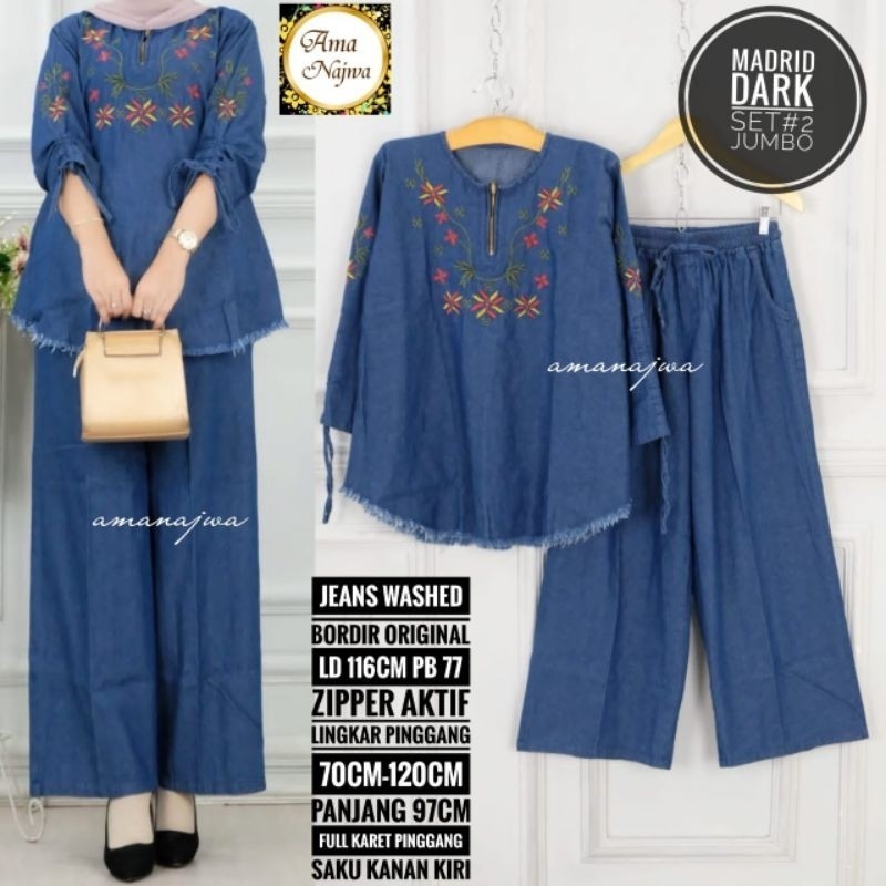 [ONLINE EXCLUSIVE] Madrid One Set Setelan Celana Kulot Blouse Jeans Rawis Bordir Bunga Ld 110 Jumbo