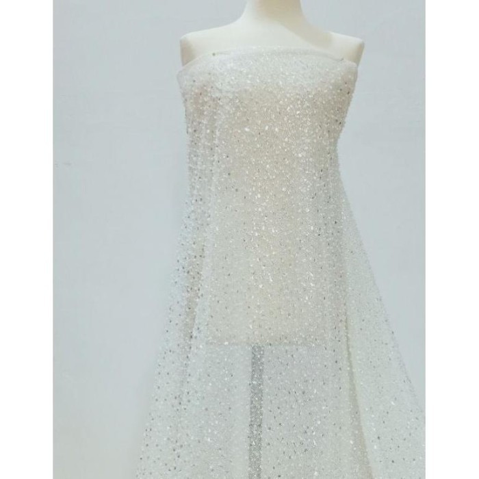 Naenggo Diskon Kain Brukat Full Payet Lace Putih Silver / Tile Variasi Sequin