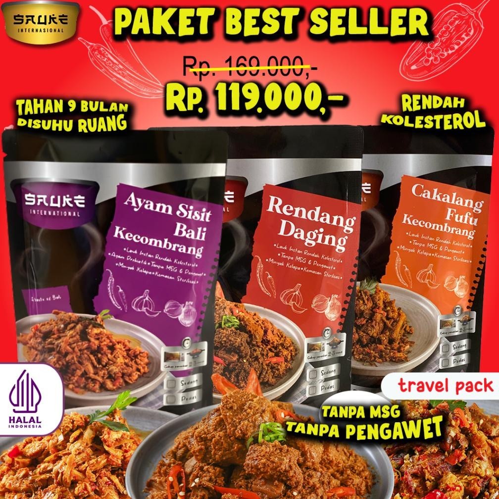 

SALE PRODUK SAUKE LAUK INSTAN RENDAH KOLESTEROL/ PAKET BEST SELLER Paru Balado/Dendeng Balado/ Baby Cumi Sambal Pete TERLARIS