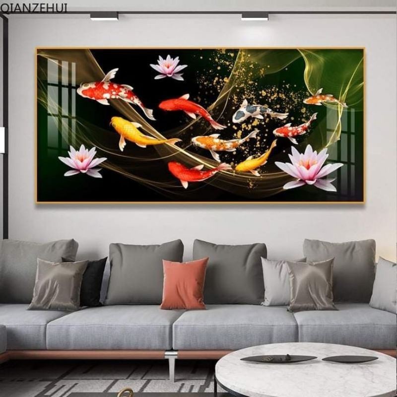 Hiasan Dinding Aesthetic Lukisan Ikan Koi Fengshui Selendang Emas Gold Landscape Dekorasi Ruang Tamu