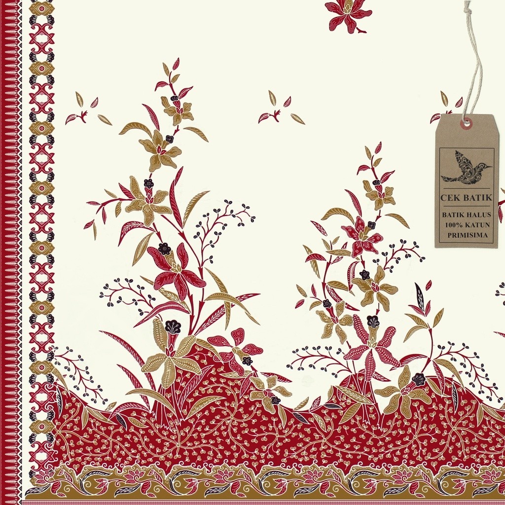 kain batik Motif Bunga Warna Dasar Putih Gading Kuning Kecolatan & Merah