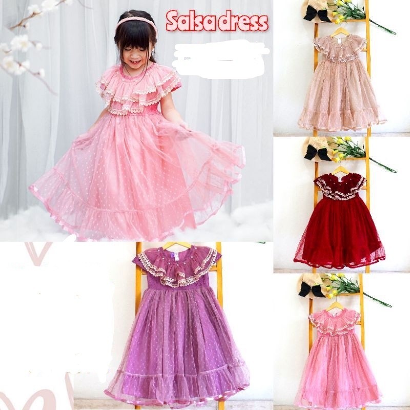[THE NEWEST COLLECTIONS] Baju Gaun Anak Perempuan Salsa Dress Renda Tingkat Kombinasi Tile Polkadot