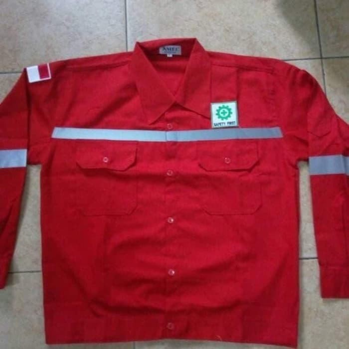 BAJU KERJA SAFETY PLUS LOGO / BAJU PROYEK / SERAGAM SAFETY MERAH