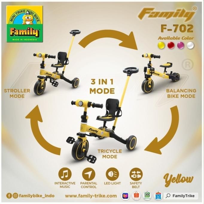 Tricycle Sepeda Roda 3 Balance Bike Family F702 F-702 F 702 3 In 1