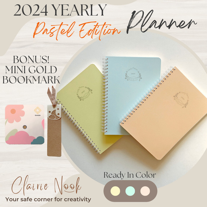 

BARANG TERLARIS Clairie Nook Yearly Planner 2024 Pastel Jurnal Journal / Diary Planner