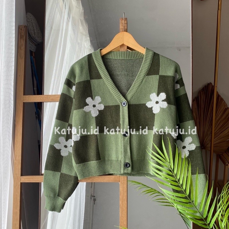 [COLD COLLECTIONS] CARDIGAN LAURA RAJUT CROP MOTIF KOTAK BUNGA - CARDIGAN LAURA CROP BUNGA PREMIUM