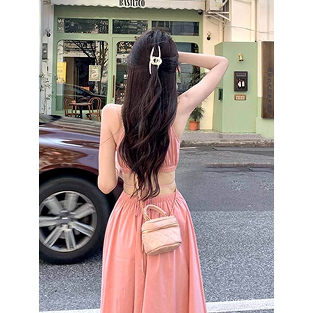 Gaun lembut Prancis wanita menggantung rok ramping pinggang leher