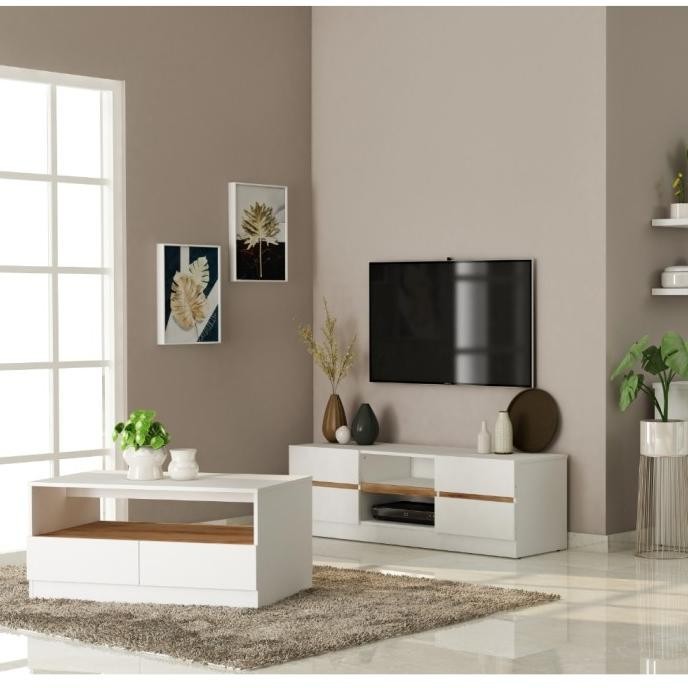 Zyo Nara Meja Tamu Coffee Table Minimalis Dengan 2 Laci - White Walnut Burgerxaxa