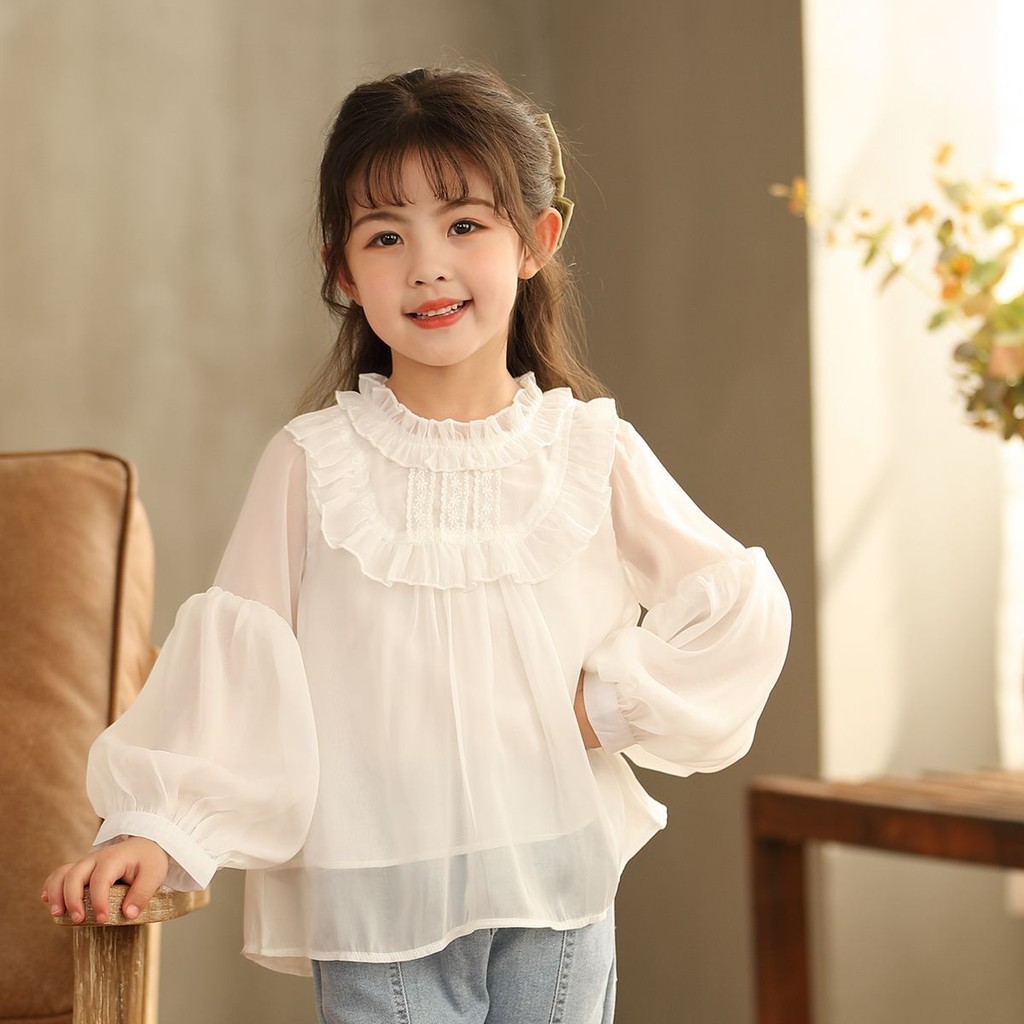 Baju Anak Perempuan Lengan Panjang, Baju Sifon Anak Perempuan Gaya Korea Lengan Puff Lucu Atasan Put