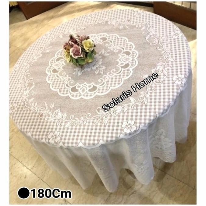 Taplak Meja Makan Bulat Bundar Besar 180Cm Kain renda Putih Halus