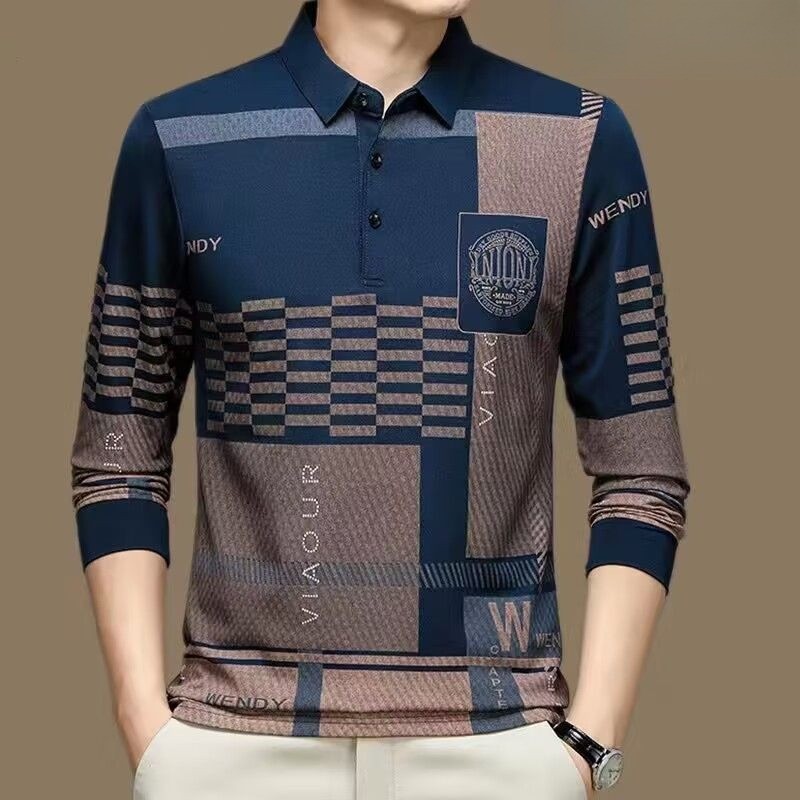 Kaus Polo Pria Lengan Panjang, Baju Polo Motif Lapel Katun Murni