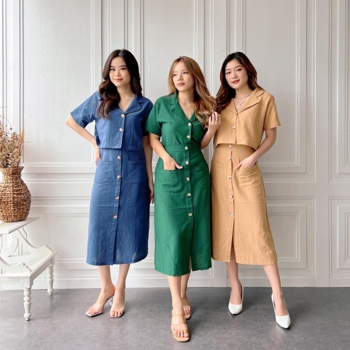 Setelan Rok Wanita Korea 9-246 Boni Set Katun Linen Bigsize