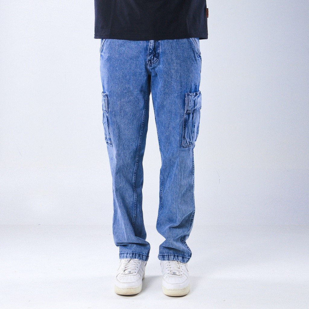 [BUY NOW] Superego Celana Cargo Pants Pria Jeans Loose fit Reguler Standard Denim Washed Snow Blue