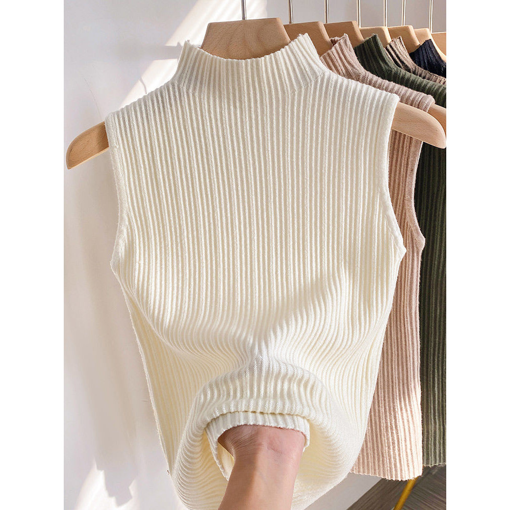 Rompi Rajut Wanita, Baju Atasan Wanita Tipis Tanpa Lengan Setengah Turtleneck Musim Semi Musim Panas
