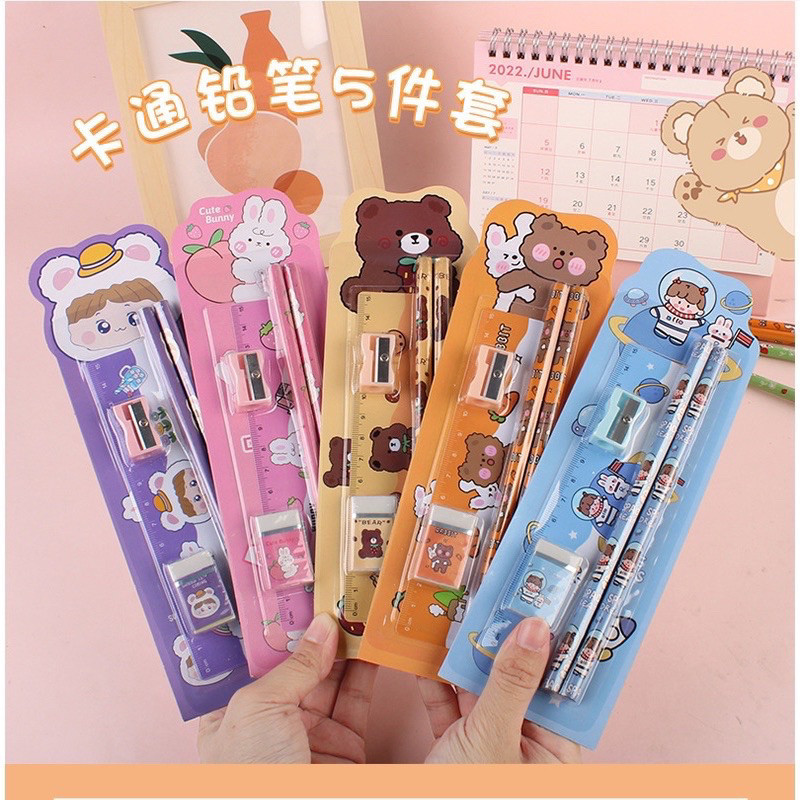 

Grosir 40Pcs Kawaii Set Stationery 5 In 1 Paket Alat Tulis Sekolah Sil Ggaris Rautan Hapusan Cocok