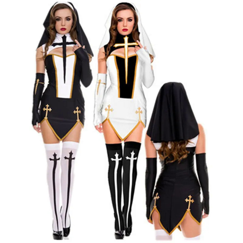 Virgin Mary Sexy Nun Costume Adult Women Cosplay Dress With Black Hood For Halloween Sister Cosplay 