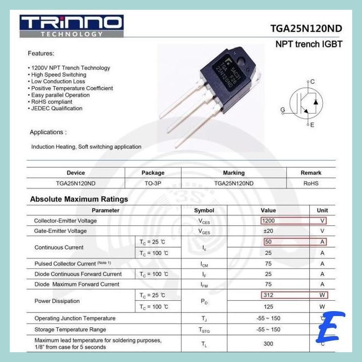 | SY | TGA25N120ND 25N120 TRANSISTOR IGBT 1200V ORIGINAL 2ND (TESTED)