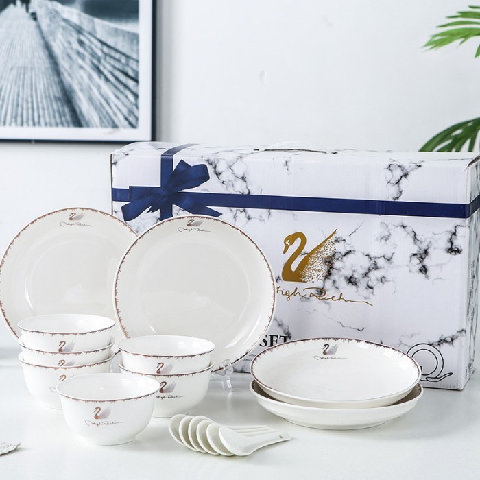 Mangkok Piring Sendok Swan Keramik Set Hampers Kado Hadiah Nikahan