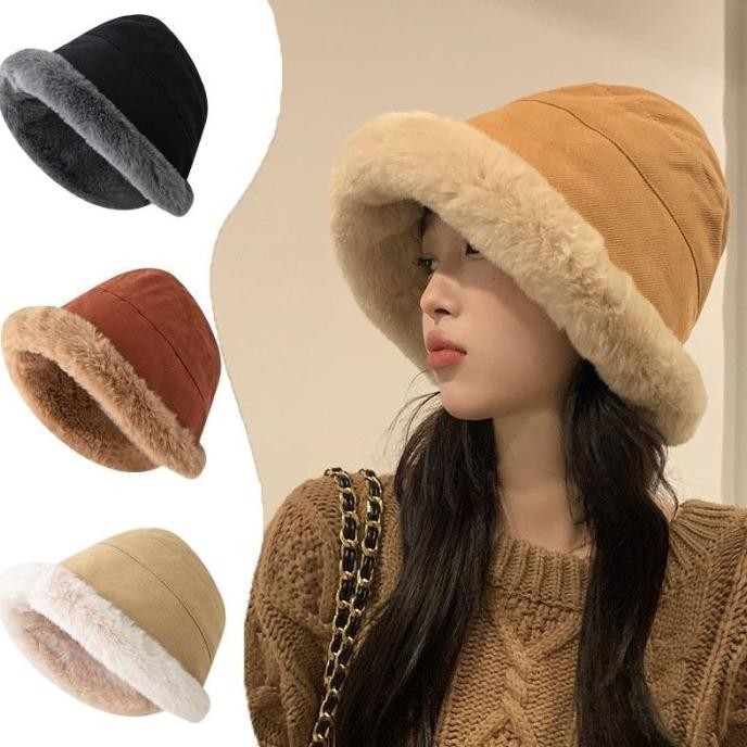 Topi Bucket Wool Bulu Winter Korea Fashion Import