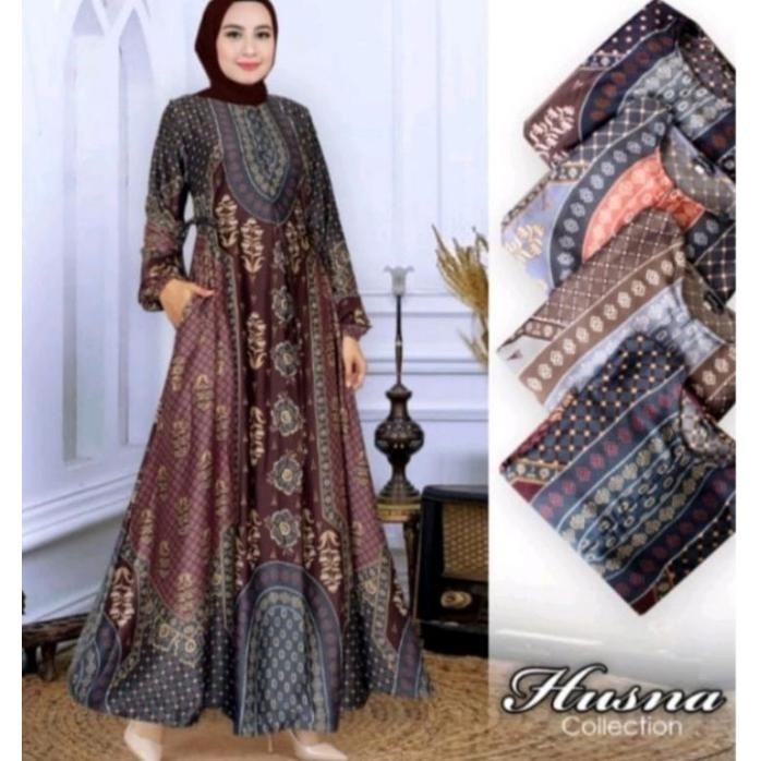 Gamis Raflesia Bahan Silk Print | Gamis Silk Premium | Gamis Motif Jumbo Terlaris