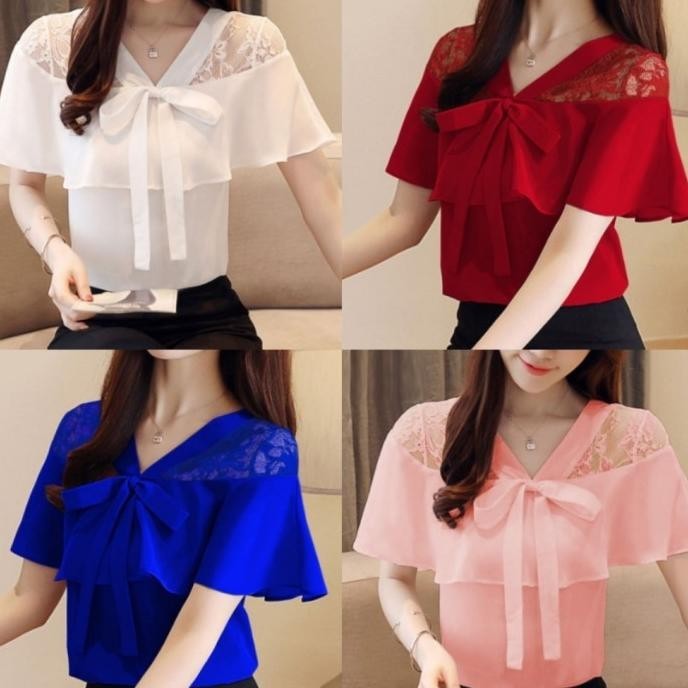 Atasan Baju Blouse Wanita Blus Brukat Elegan Pita Kombinasi Pesta
