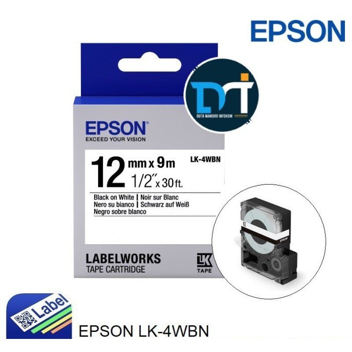 

Epson label 12mm black on white 9M labelworks tape cartridge LK 4WBN