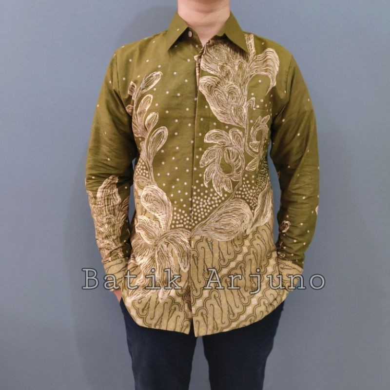NEW kemeja baju batik pria lapis furing ekslusive lengan panjang Anggrek Hijau Lumut ijo