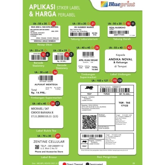 

NEW TERLARIS DIRECT THERMAL STICKER , KERTAS LABEL STIKER BLUEPRINT 55 X 20 , 55X20 PACKING BAGUS