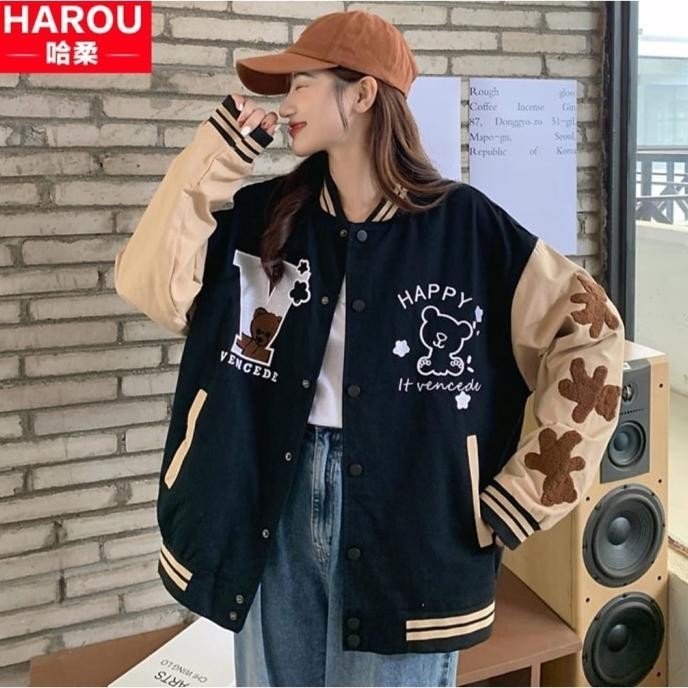 Terjangkau Happy Vencede V Jaket Varsity Wanita Ala Korean Style Jacket Baseball - Hitam, XXL 