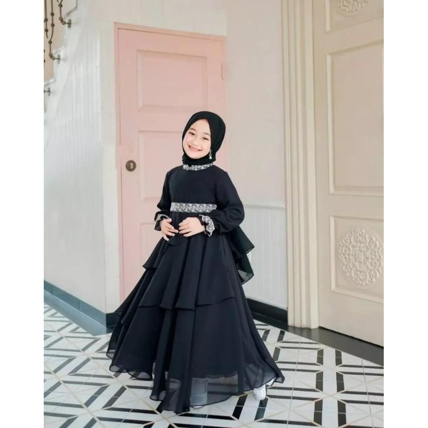 Baruuu Baju Gamis Hitam Syari Anak Perempuan 7-8 Tahun Variasi Renda Mikayla