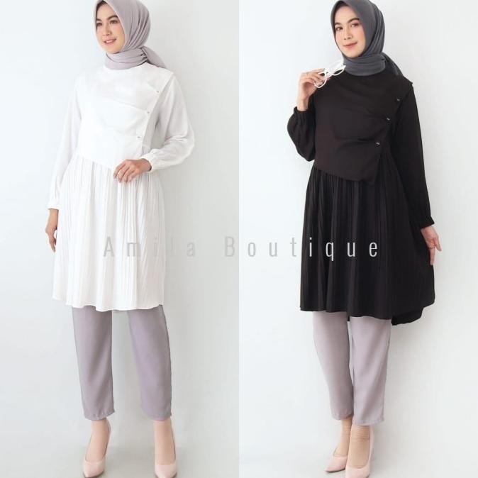 Atasan Tunik Muslim Wanita / Trish Blouse Panjang Hitam Putih Layer