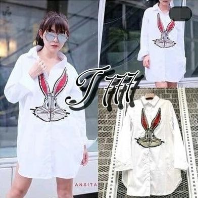 Mini Dress Kemeja Panjang Tunik Putih Kelinci Jumbo Rabbit Lissa