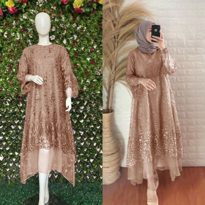 Tunik Dress Wanita Bahan Tile Mutiara Casual Polos Mewah Panjang-Zaf