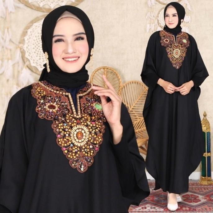 Gamis Kaftan Wanita Jumbo Muslim Pesta Bahan Saten Motif Bordir Ld 160