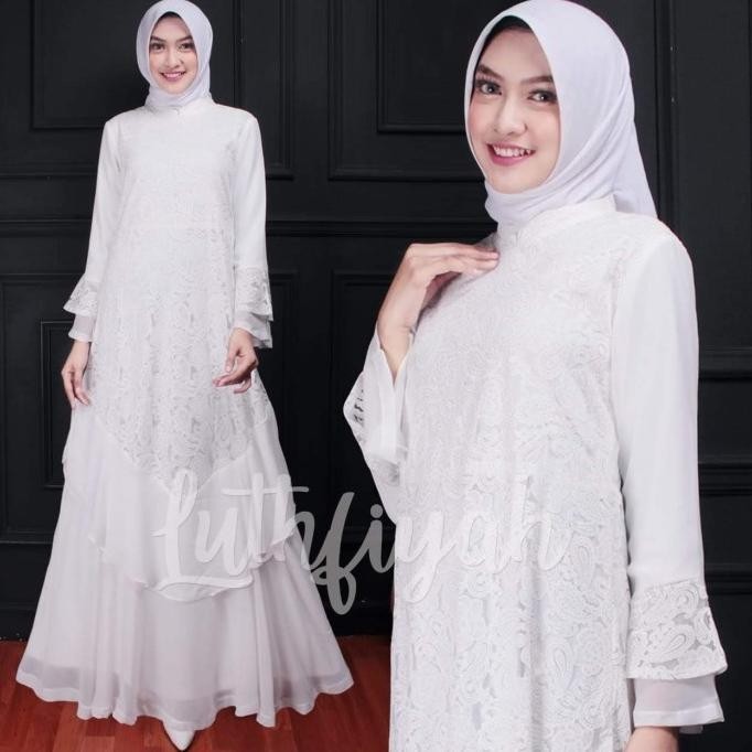 Gamis Umroh / Gamis Putih / Gamis Putih Polos Kombinasi Brukat