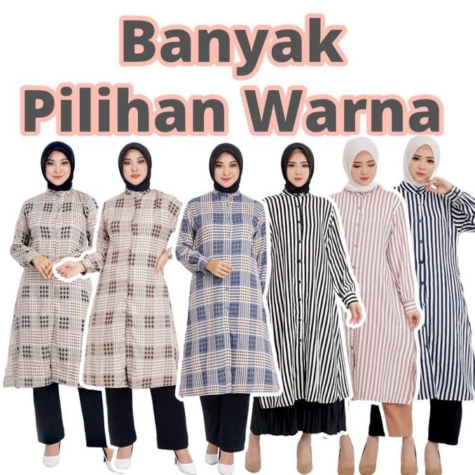 Long Tunik Hijab Wanita Muslimah Motiv Kotak Kotak Atasan Muslim Wanit