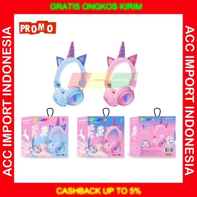 Headset Bluetooth Headphone Unicorn Tanduk LED Anak Pink Lucu With Mic