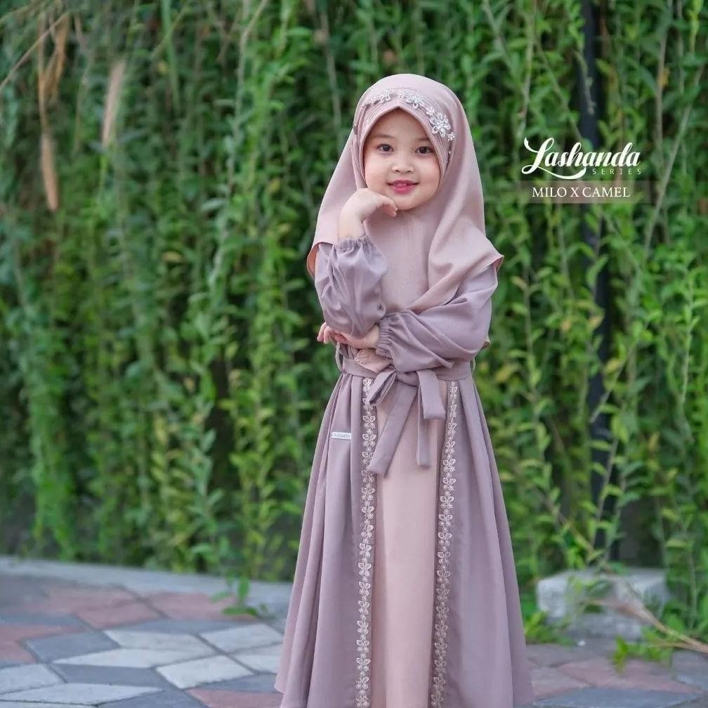 Lashanda Gamis Anak 2 - 10 Tahun Set Hijab Syari - Baju Gamis Anak Perempuan Terbaru 2024 Free Belt 