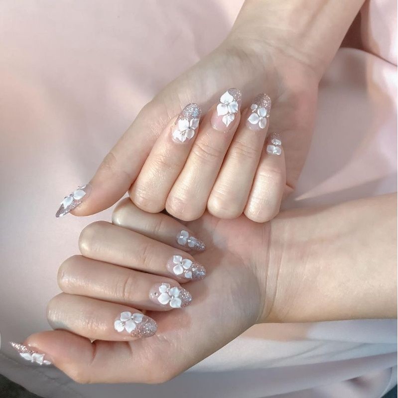 NAIL ART PUTIH CANTIK BUNGA 3D BISA GANTI WARNA BUAT WEDDING KUKU PALSU FAKE NAILS 122