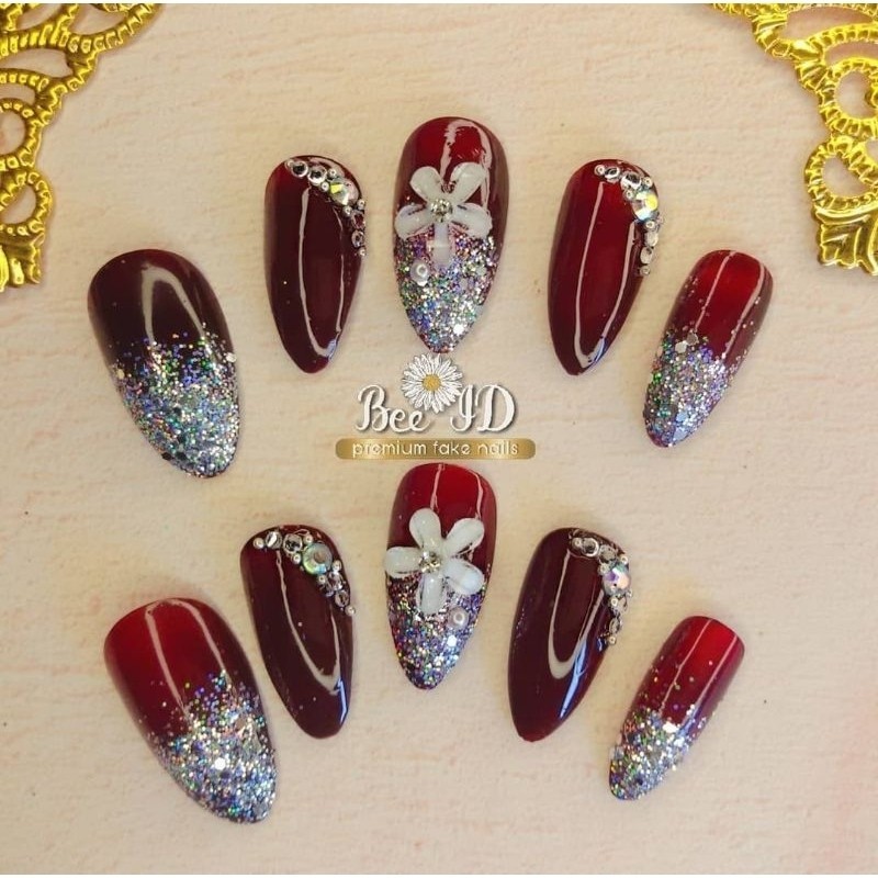 MAROON WEDDING NAIL ART fake nails kupal kuku palsu warna merah soflent henna bunga 3D murah