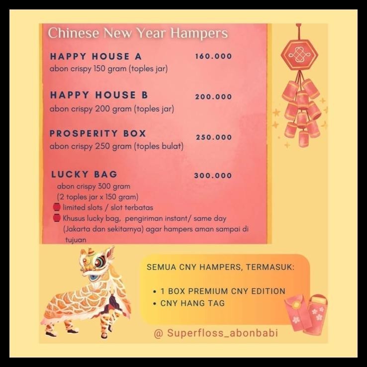 

DISKON CHINESE NEW YEAR HAMPERS ~ ABON BABI CRISPY CHUNKY FLOSS READYY